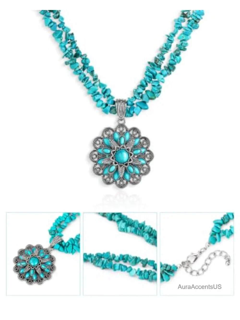 Montana West Floral Turquoise Pendant Chip Bead Layered Necklace